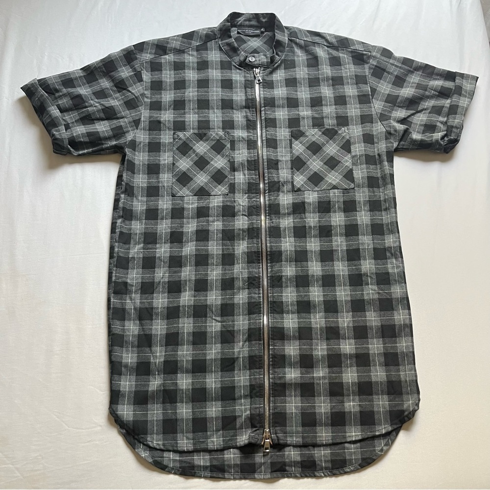 KNYEW KEEPING NEW YORK EVERYWHERE grey plaid cotton short‎ sleeve zip up shirt